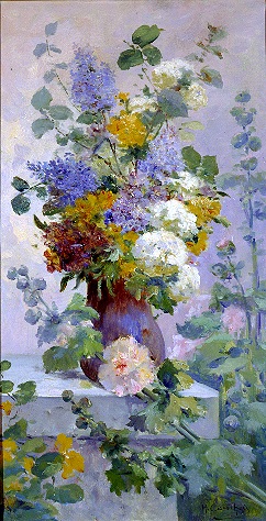 Summer Flowers with Hollyhocks - Eugene Henri Cauchois