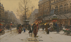 Paris, hiver, neige, Boulevard Bonne Nouvelle, au Théâtre du Gymnase - Eugene Galien-Laloue